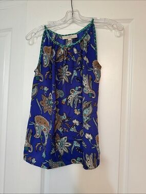 Sz SP LOFT  Sleeveless blouse vibrant blue paisley floral print and green trim